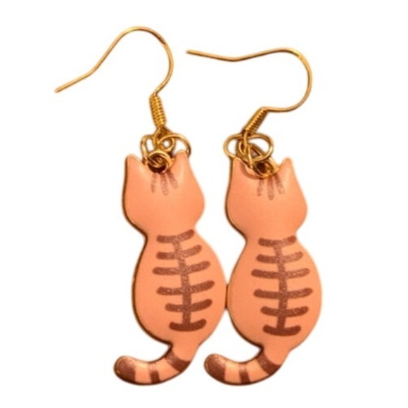 Cute Gold Tone Tabby Cat Kitten Dangle Drop Earrings Fun Novelty Jewelry - Picture 1 of 1